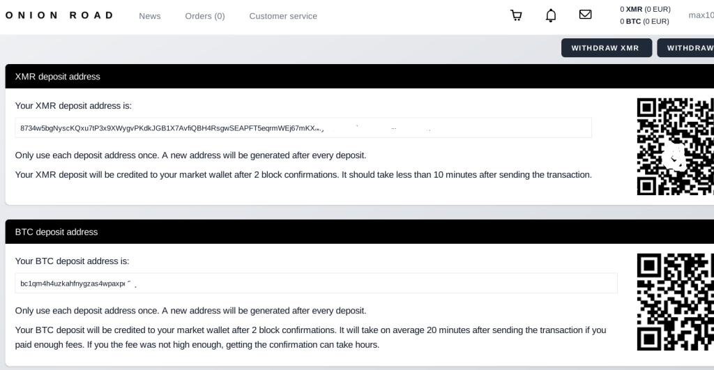 Deposit BTC or XMR to Sipulitie Market